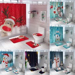 Shower Curtains Christmas Snowman Elk Curtain Bathroom Suit Reindeer Waterproof Bath Toilet Cover Mat Non Slip Rug Set