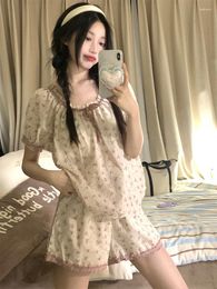 Home Clothing Lace Print Cute Sweet Korean Style Cotton Summer Short Sleeve Pyjama Set Women Loose Girlish Fashionable Sleep Tops Ins
