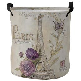 Laundry Bags Vintage Eiffel Tower Flowers Butterfly Foldable Basket Large Capacity Waterproof Storage Organiser Kid Toy Bag