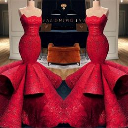 Beautiful Formal Red Evening Dresses 2020 Satin Strapless Sequins Applique Long Prom Dress Mermaid Pageant Gowns Ruffle Skirt 290D