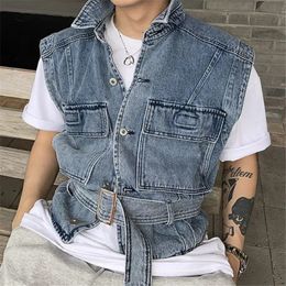 Denim Vest Men Fashion Coats Male Waistcoat Loose Clothing Jeans Gilets Vintage Sleeveless Cargo Jacket Streetwear Casual 240509