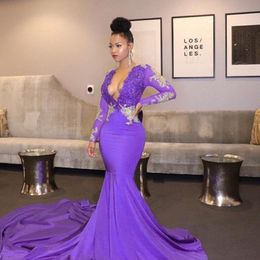 Africa Light Purple Sexy Mermaid Prom Dresses 2020 Sexy Deep V-neck Beaded Lace Long Sleeves Black Girl Party Dress Evening Wear Robe 237J