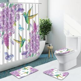 Shower Curtains Colour Bird Purple Flower Butterfly Curtain Non-Slip Flannel Rugs Toilet Cover Bath Mat Bathroom Set Home Decor Washable