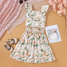 Clothing Sets 2024 Summer Child Clothes Sleeveless Ruffles Print Floral Green 2 Piece Designer Girls 18M-6T