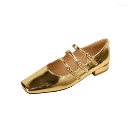 Casual Shoes 2024 Sheep Leather Low Heel Summer Square Toe Women Wedding Gold Silver Colour Metal Buckle Mary Janes Shallow Pumps