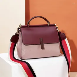 Shoulder Bags Full Genuine Leather Women Handbags Fashion Stripe Wide Strap Ladies Messenger Crossbody Contrast Colour