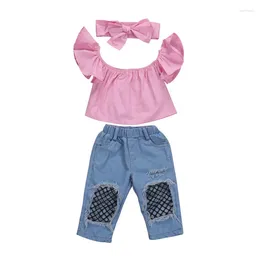 Clothing Sets 3Pcs/Lot Born Infant Baby Girls Cotton Off Shoulder Summer T-shirt Fishnet Hole Jeans Girl Clothes