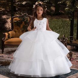 Girl's Dresses Fluffy Princess Mesh Girls Dress Formal Sequin Lace White Wedding Bride Childrens Party Dress 4-14 Year Old Girls Clothing Y240514