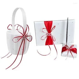 Party Favor -1 Pcs Double Heart Wedding Flower Girl Basket White Satin Rhinestone Decor & 1 Guest Book With Pen Holder