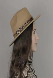 LUCKYLIANJI Leopard Leather Band Solid Colour Men Women Wide Brim Wool Felt Panama Hat Fedora Caps Adjust Size57cmUS 7 182742637