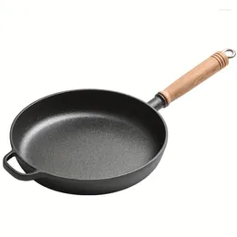 Pans 1pc Cast Iron Frying Pan With Wooden Lid Uncoated Non-Stick For Gas Stove Electric Ceramic Induction Cooker