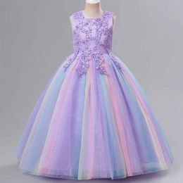 Girl's Dresses Girl Princess Birthday Party Splice Colourful Long Dress Formal Eucharist Party Prom Show Embroidery Beaded Dress Girl Y240514