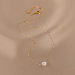 316Lステンレス鋼新しいファッション高級ジュエリー天然淡水真珠チャームチェーンチェックネックレス女性用のペンダント