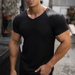 Men V Neck Short Sleeve T Shirt Slim Fit Sports Strips T-shirt Male Solid Fashion Tees Tops Summer Knitted Gym Fitness Clothing 240514
