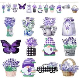 Decorative Figurines 37Pcs Lavender Spring Wood Hanging Ornament Summer Wooden Flowers Crafts Decor Gnome Floral Tree Ornaments With Rope