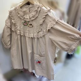 Women's Blouses Female Vintage Cotton Ruffled Lace Embroidery Babydoll Blouse Summer Retro Mori Girl Kawaii Victorian Cute Loose Edwardian