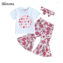 Clothing Sets Blotona Baby Girls Mother's Day Outfits Summer Letter Print Short Sleeve T-shirt And Casual Floral Flare Pants Headbands Set
