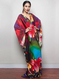 2023 Print Maxi Dress Batwing Sleeve Tunic Spring Autumn Beachwear Casual Plus Size Women Loose Kaftan Swimsuit Coverups Q1289 240508