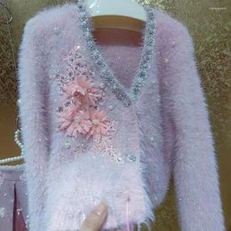 Women's Knits Luxury Pearls Beaded Diamonds Flowers Embroidery Faux Fur Sweater Coat Mink Cashmere Crystal Knitted Cardigan Knitwear