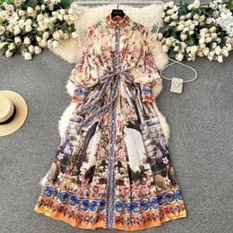 Casual Dresses Fashion Runway Flower Chiffon Long Maxi Dress Women Stand Collar Lantern Sleeve Floral Print Belt Lace Up Boho Robe Vestido
