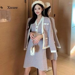 Work Dresses 2024 Autumn And Winter Knitted 2-Piece Set Women's Single-Breasted Fashion Jacket Warm Sweater Vest Dress