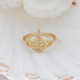 Designer Westwoods Saturn Full Diamond Smiling Face Cross Ring Female Unique Design Sense Planet High Version Nail RI0K