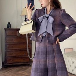 Work Dresses 2024 Autumn Winter Women Elegant Purple Plaid Wool Coats Pleated 2 Piece Set Female Korean Sweet Thick Warm Fashion