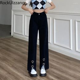 Women's Jeans High Waist Black Denim Pant With Ring Split Women Cute Pretty Soft Gothic Trouser Korean Clothing Y2k Kawaii Sweet