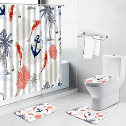 Shower Curtains Landscape Bath Mat Non-slip Rugs Chinese Style Flowers And Birds Scenery Toilet Carpet Bathroom Decor Screen Set