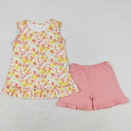 Clothing Sets Wholesale Baby Girls Clothes Orange Flowers Sleeveless Top Ruffle Shorts Boutique Toddler Summer Outfits