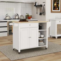 Kitchen Storage Double Door Island With Lockable Wheels Towel Rack Drawer And Three Open Shelves-White