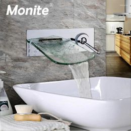 Bathroom Sink Faucets Monite Wall Mounted Waterfall Glass Spout Chrome Brass Faucet Single Handle And Cold Mixer Tap