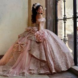 Sparkly Rose Gold Princess Quinceanera Dresses With Bow Off Shoulder Ball Gown Glitter Appliques Crystals Beads Sweet 15th Dress