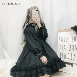 Casual Dresses Women Black Ruffles Dress Japan Harajuku Lantern Sleeve Student Gothic Lolita Kawaii Cute Tie Bow Girl Chiffon Lo