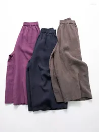 Women's Pants 64-100cm Elastic Waist / Spring Summer Women Good Quality Loose All-match Japan Style Comfy 9 Linen Wide Leg Trousers/Pants