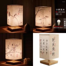 Decorative Plates Chinese Retro Simple Creative Ancient Poems Painting Square Wooden LED Night Lamp Bedroom Warm Bedside Table