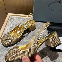 Designer Sandals Women With Crystal Embellishments Round Toe Low Heels Slingbacks Genuine Leather Casual Pumps Ankle Strap Gold Dress Shoes DH