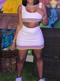 Work Dresses Sexy Striped Patchwork Knitted Two Piece Women Skirts Outfits 2024 Summer Cropped Tank Tops And Bodycon Mini Skirt Matching