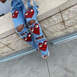 Women's Jeans Women Print Denim Cut Out Distressed Baddie Clothes Streetwear High Waist Ripped Baggy Pants In Blue Fashion