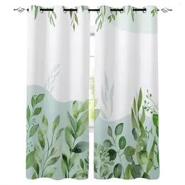 Curtain Watercolour Hand-Painted Plant Leaves Green Window Living Room Kitchen Panel Blackout Curtains For Bedroom