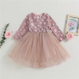 Girl Dresses 1-6years Girls Mesh Dress Yarn Stitching Three-Dimensional Flowers Petals For Round Neck Long Sleeves Princess