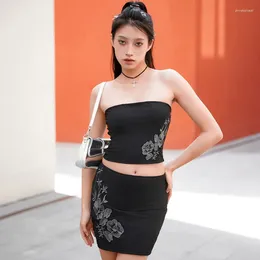 Work Dresses Women 2 Piece Skirts Sets Summer Clothes Slim Zip Up Sleeveless Crop Tube Tops And Low Waist Flower Embroidery Mini Skirt