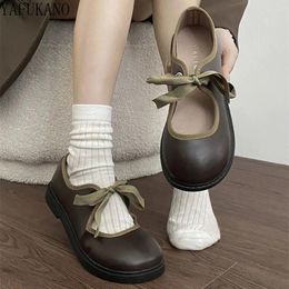 Casual Shoes French Shallow Mouth Brown Round Head Flat Bottom Single Women Vintage Mary Jane Lace-up Student