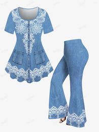 Women's Two Piece Pants T-shirt And Flare Plus Size 70s 80s Outfit XS-6X Spring Summer Women Paisley 3D Pockets Buttons Denim Printed