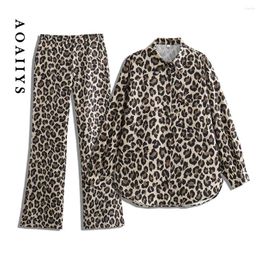 Women's Two Piece Pants Aoaiiys Leopard Printed Sets For Women 2 Pieces Fashion Top Long Sleeve Shirts 2024 Suit Set Outfit