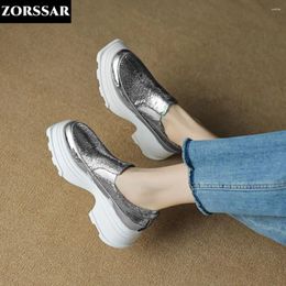 Casual Shoes 6cm Sheepskin Genuine Leather Fashion Sneakers Spring Summer Autumn Gold Silver Chunky Loafers Women Flat Platform