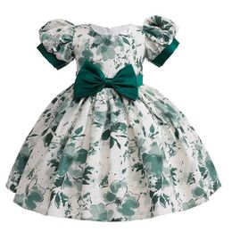 Girl's Dresses 0-6 Year Old Girl Baby Wedding Flower Girl Dress Printed Big Bow Christmas Performance Dress Girl Birthday Party Dress Y240514