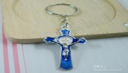 MIC 60Pcs Blue Colour enamel Alloy Jesus Christ Cross charm Chain key Ring DIY Jewelry7282314