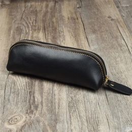 Storage Bags Handmade Genuine Leather Pencil Bag Retro Simple Stationery Holder Pen Case Zipper Pouch Glasses