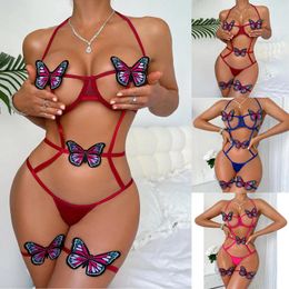 Bras Sets Bowknot Butterfly Plus Size Sexy Lingerie Women One Piece Bodysuit Hollow Out Cutout Erotic Costumes Porn Underwear Set